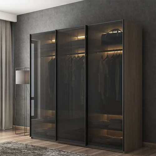 Large glass wardrobe with integrated lighting and wooden panel design
