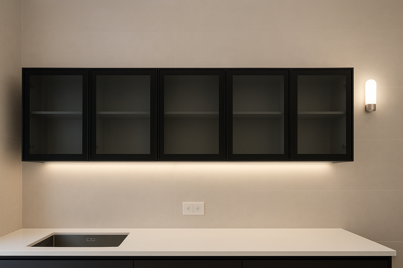 Modern kitchen wall cabinets with black aluminium frames, glass doors, and integrated LED lighting