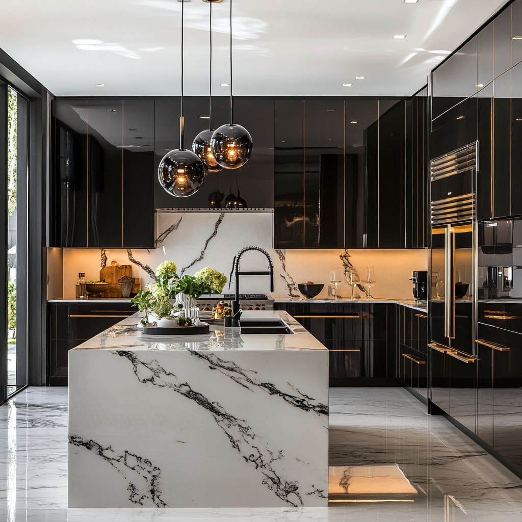 Modern kitchen wall cabinets with black aluminium frames, glass doors, and integrated LED lighting