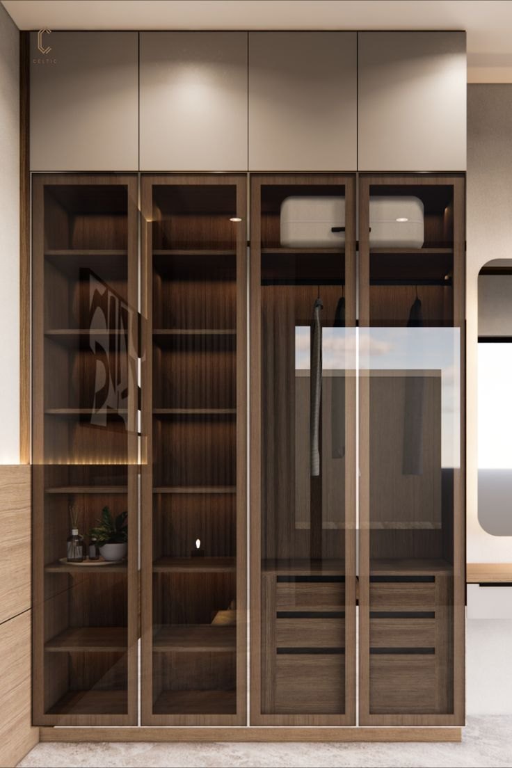 Spacious wooden wardrobe with black-framed glass doors and open shelving